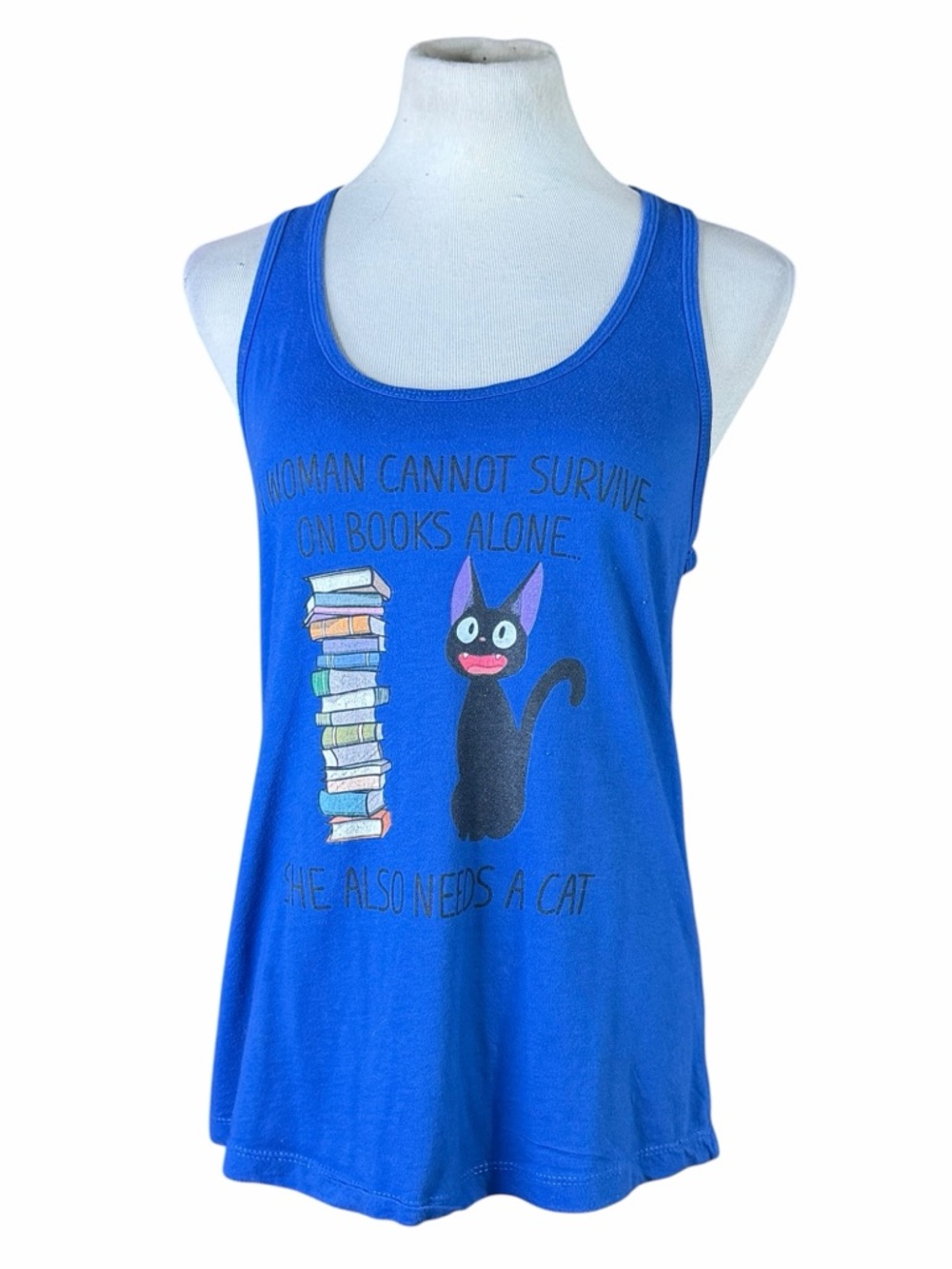 Ideal Blue A WOMAN CANNOT SURVIVE ON BOOKS ALONE SHE ALSO NEEDS A CAT Tank - XL